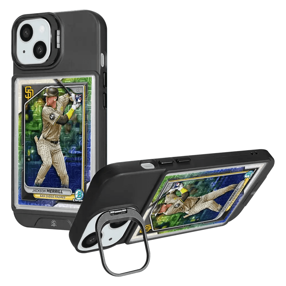 Black iPhone 13 case with card display feature, durable and stylish