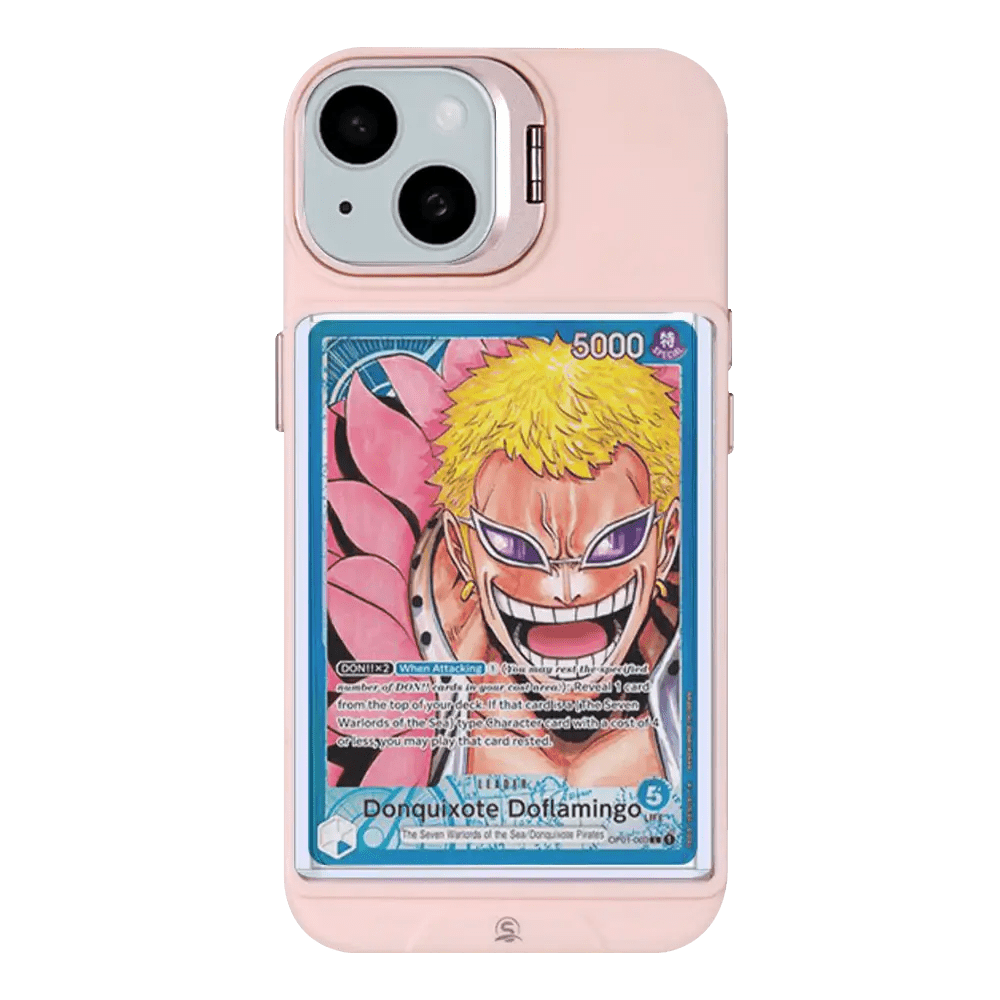 Premium iPhone 14 case with a built-in card holder in pink, showcasing a collectible card.