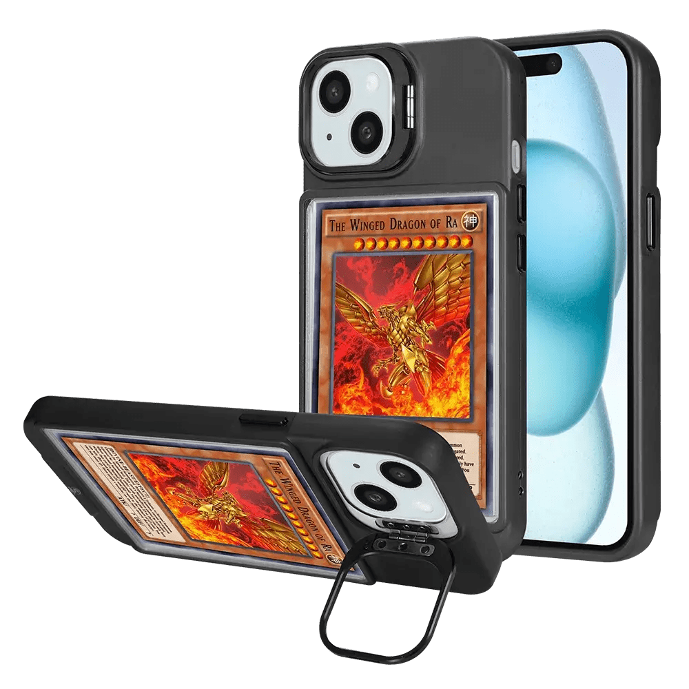Black iPhone 14 case with a secure card slot, designed for protection and style.
