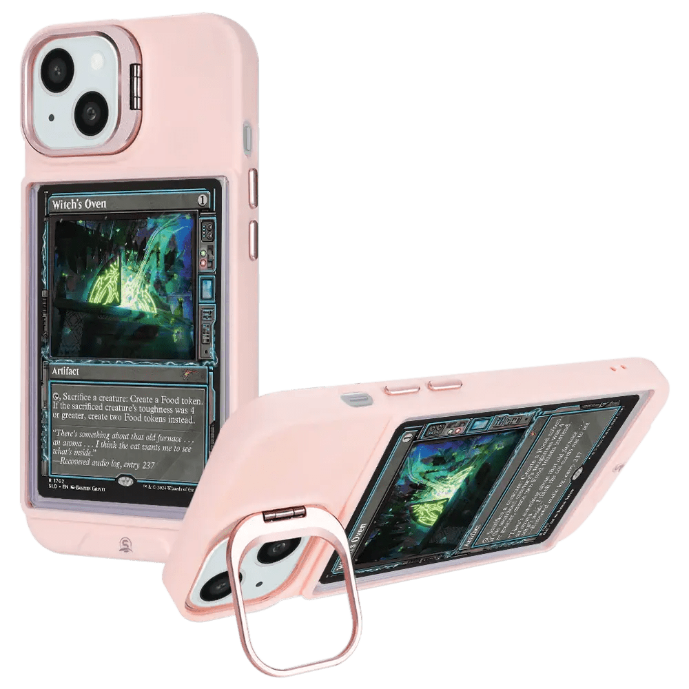 Pink iPhone 14 Plus case featuring integrated card slot for convenience.