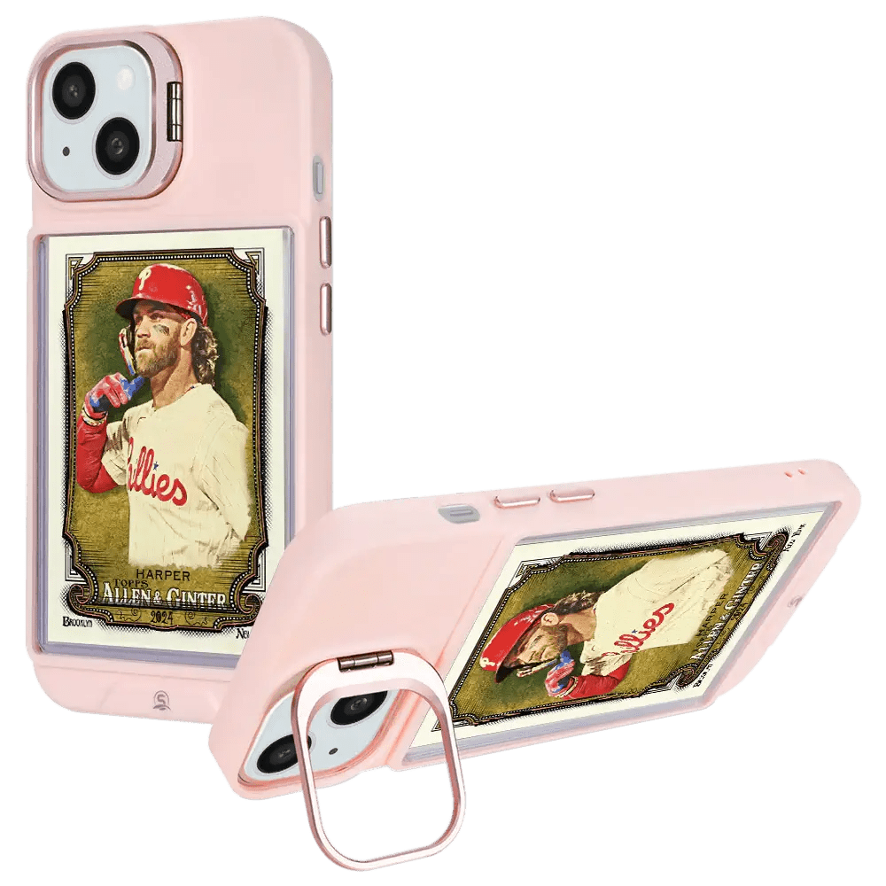 Trendy pink iPhone 15 Plus case featuring a built-in cardholder for added convenience.