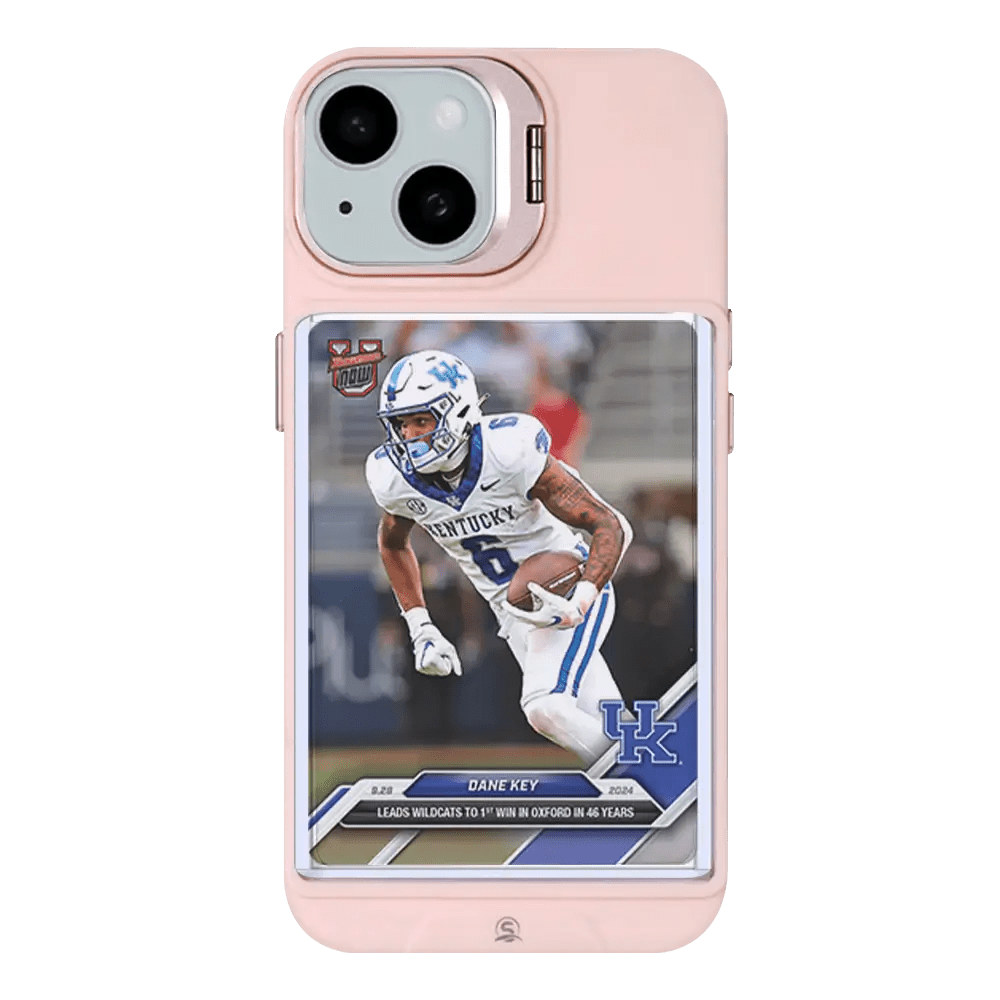 Close-up of a pink iPhone 15 Plus case showcasing its sleek design and card storage feature.