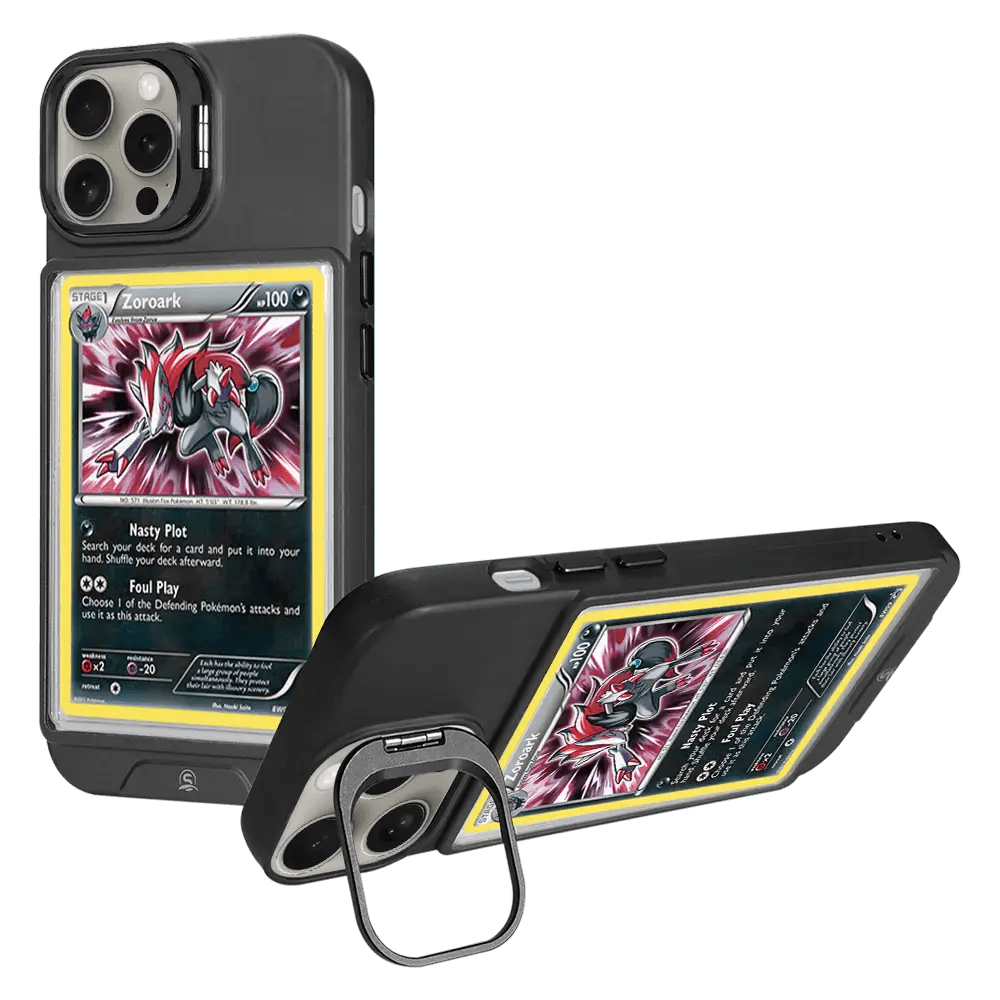 Trendy black iPhone 16 Pro trading card case offering stylish protection.